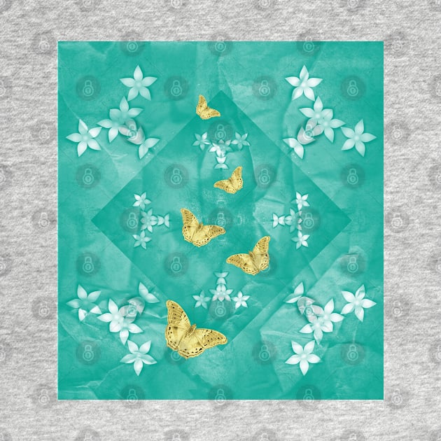 Gold butterflies and silver flowers on a textured teal mandala by hereswendy